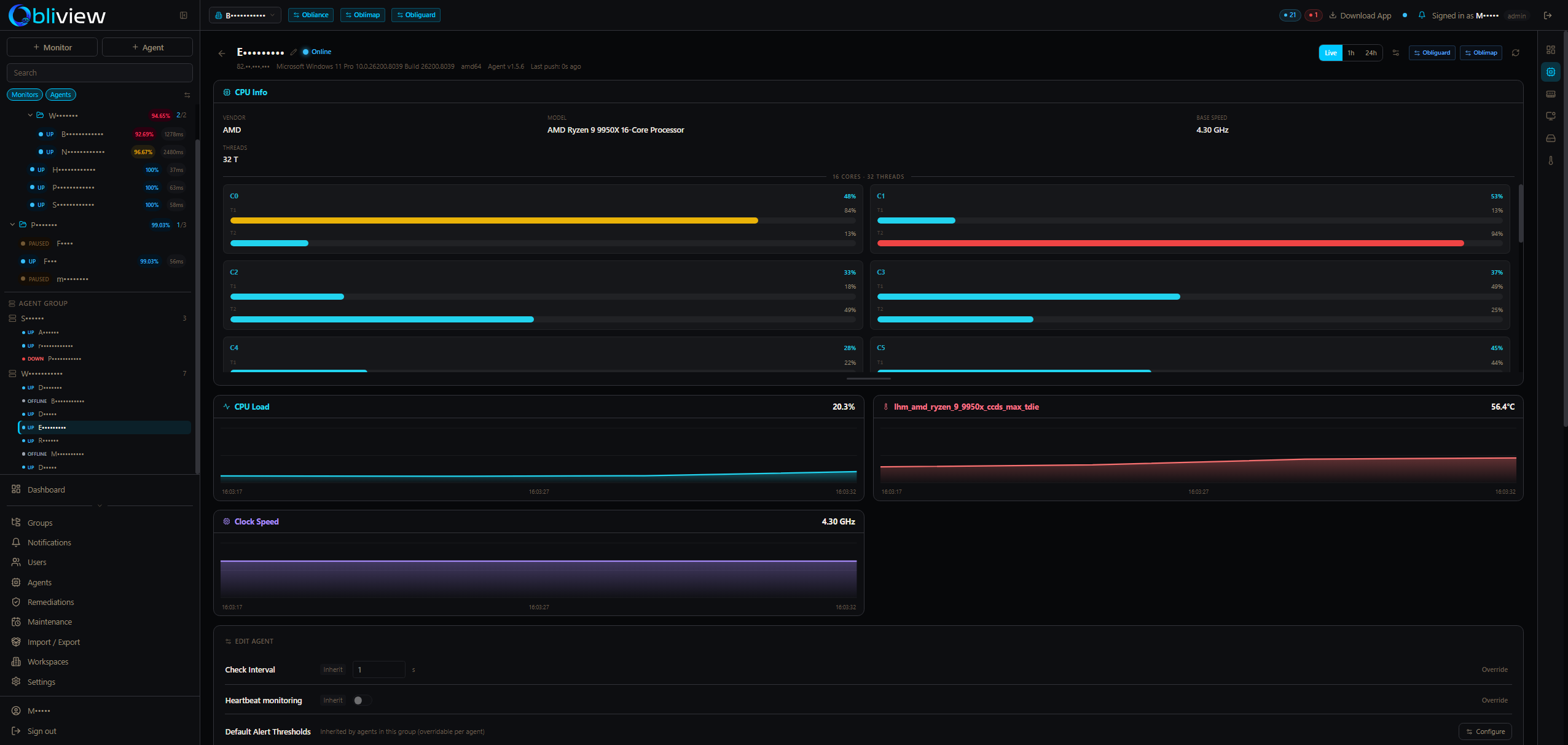 Agent CPU metrics — AMD Ryzen 9 9950X per-core usage