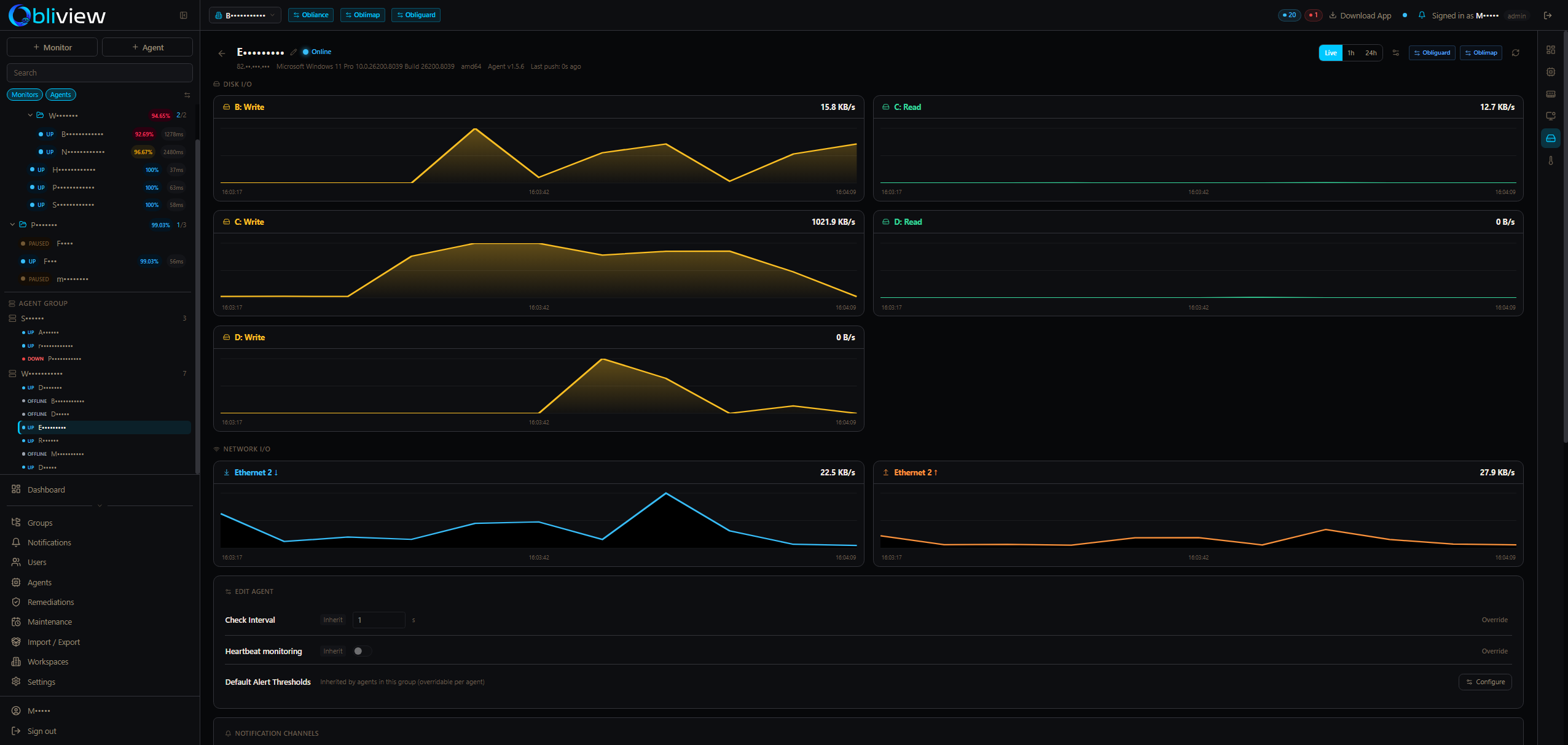 Agent disk I/O and network bandwidth graphs