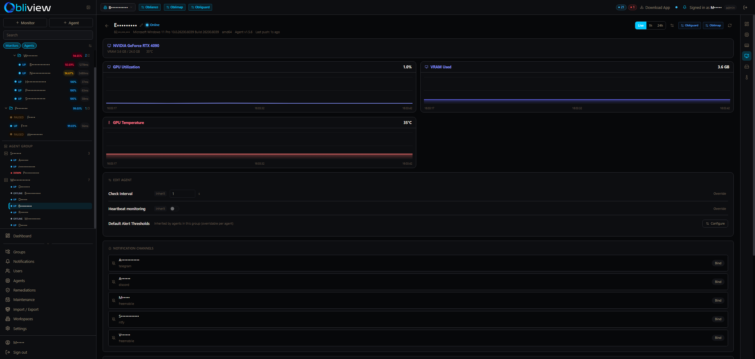 Agent GPU metrics — NVIDIA RTX 4090 utilization and VRAM