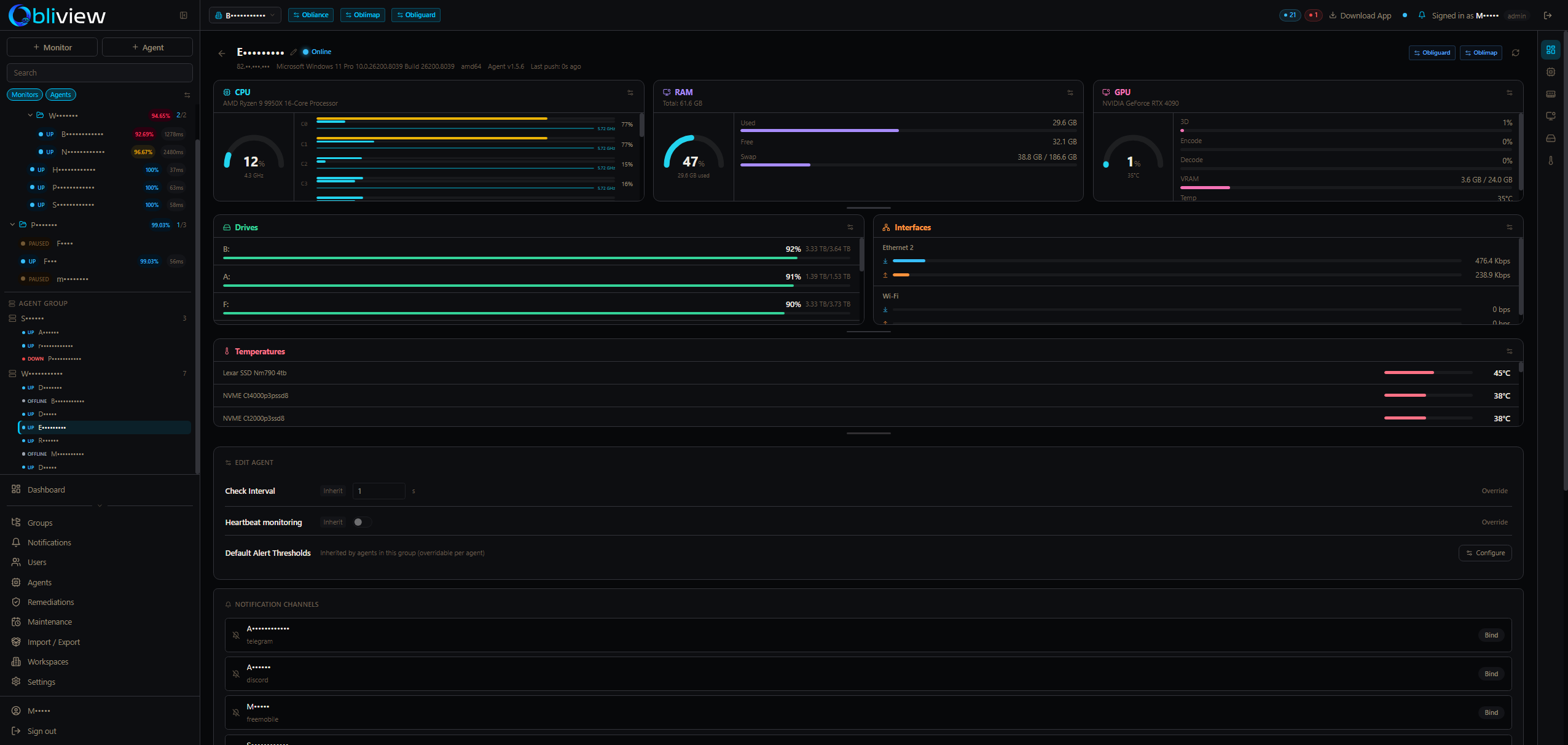 Obliview agent — CPU, disk, temperature, network overview