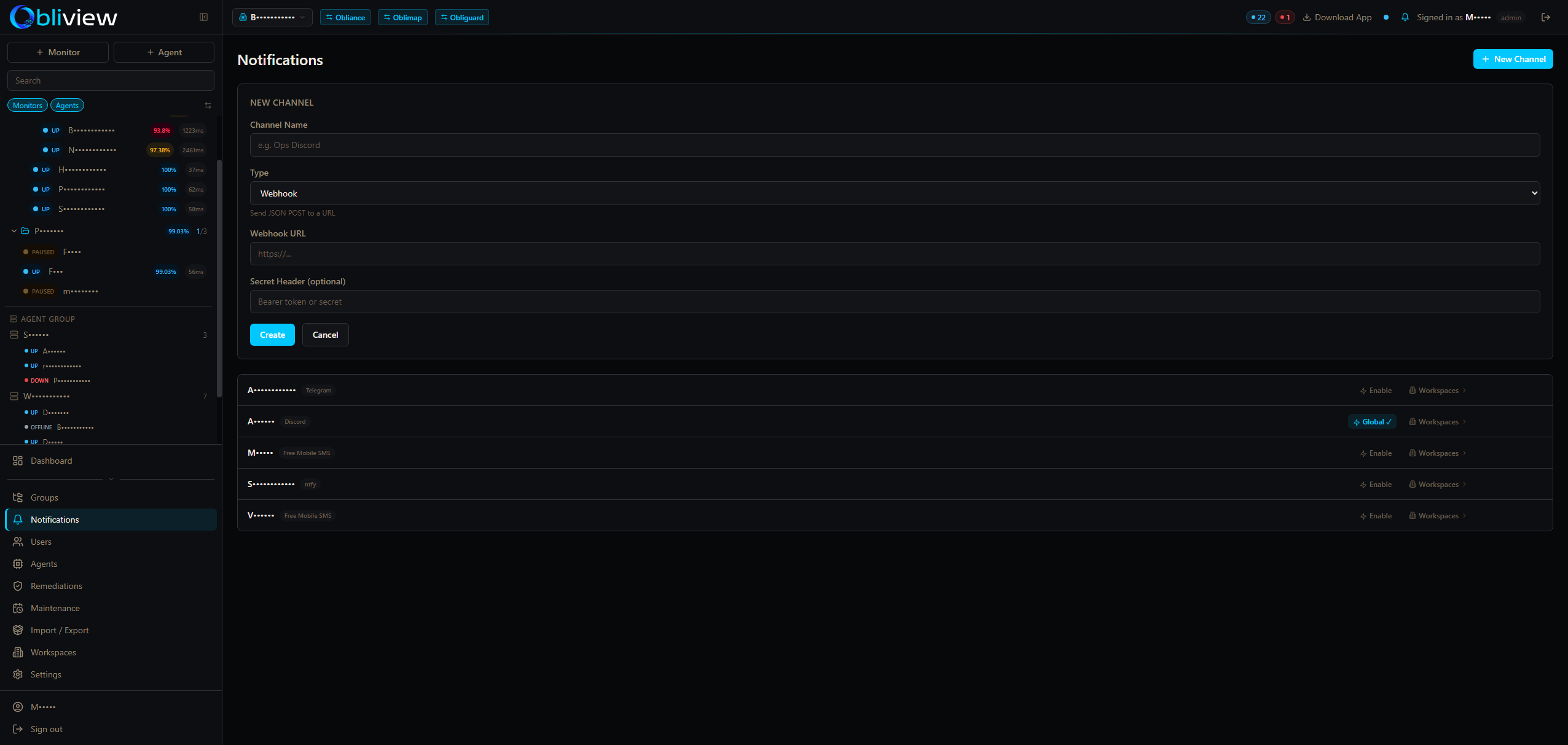 Obliview notification channels configuration