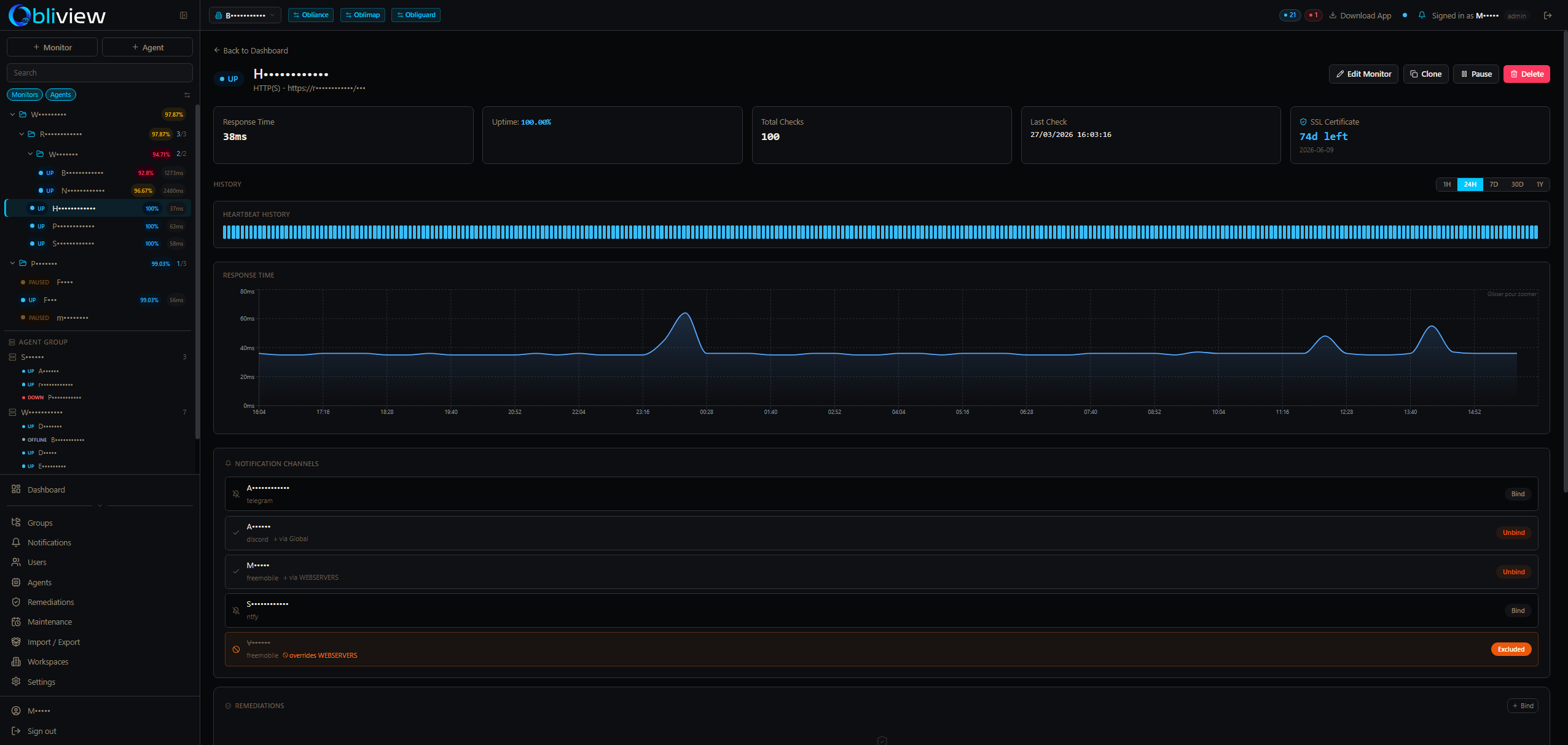 Monitor detail with response time graph and notification channels