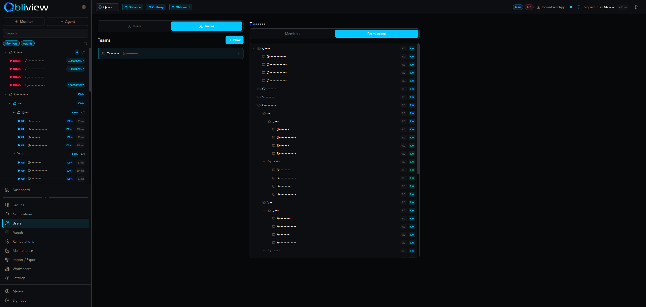 Obliview teams — RBAC with members and permissions