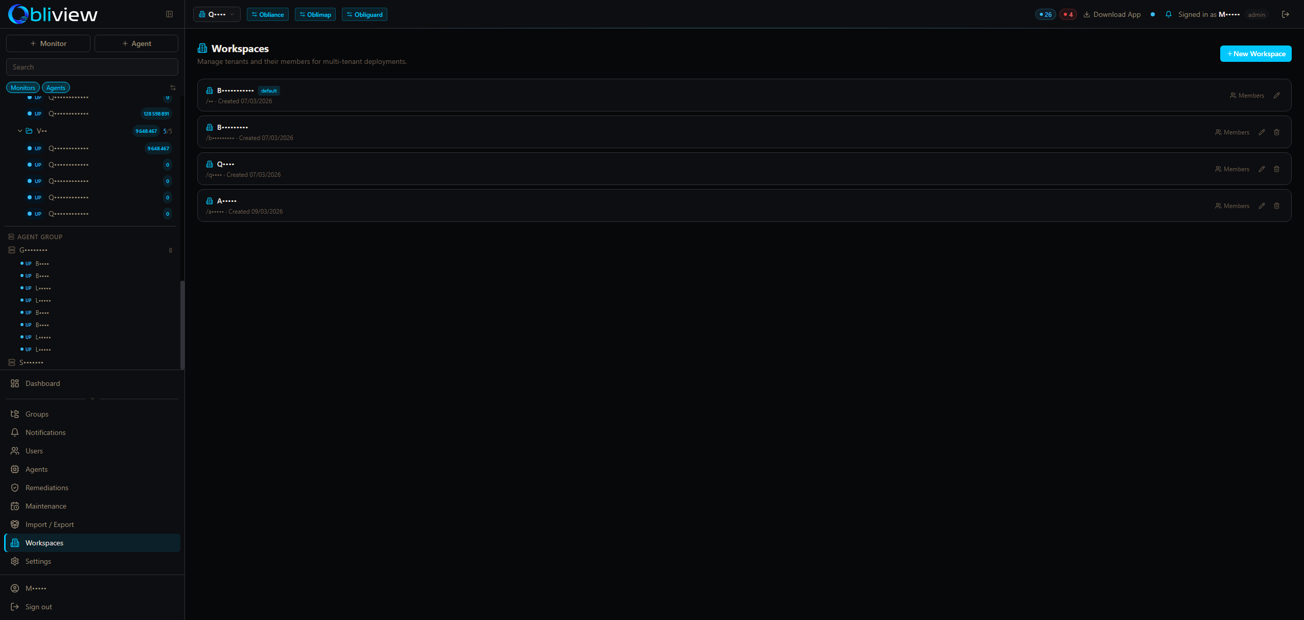 Obliview workspaces — multi-tenant management